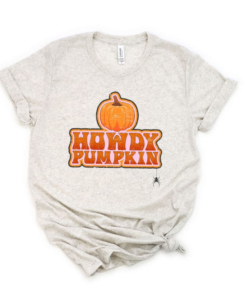Front of a size XL Howdy Pumpkin Stacked Short Sleeve Graphic Tee in Oatmeal by Simply Sage Market. | dia_product_style_image_id:308237